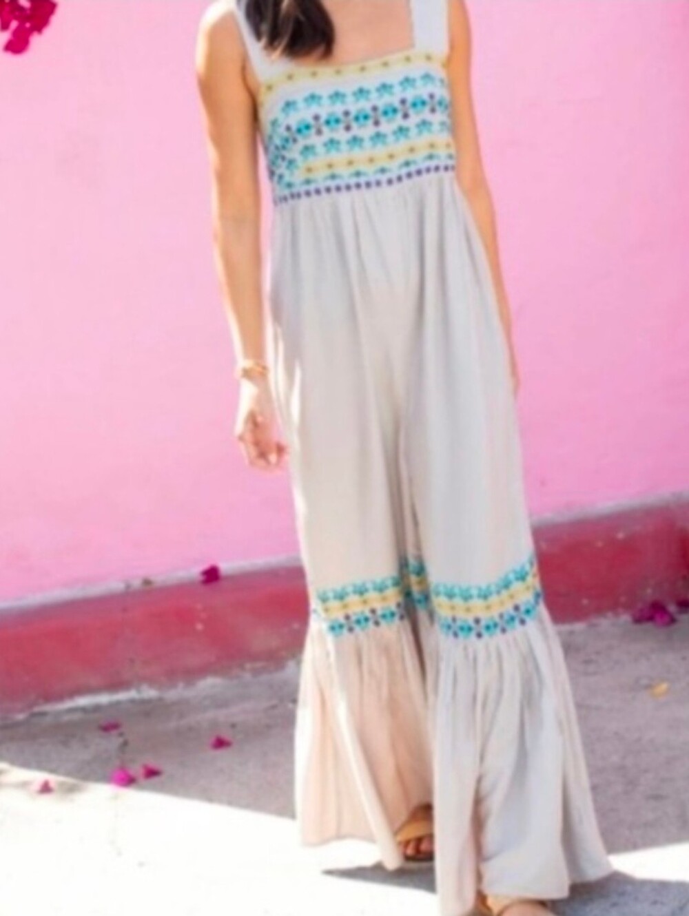 NATURAL LIFE Cream Embroidered Wide-Leg Sleeveless Jumpsuit Size Large